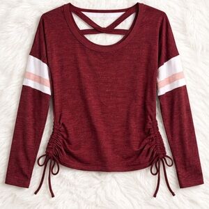 No Boundaries Maroon Strappy Long Sleeve Top XL (15–17) Ruched Sides